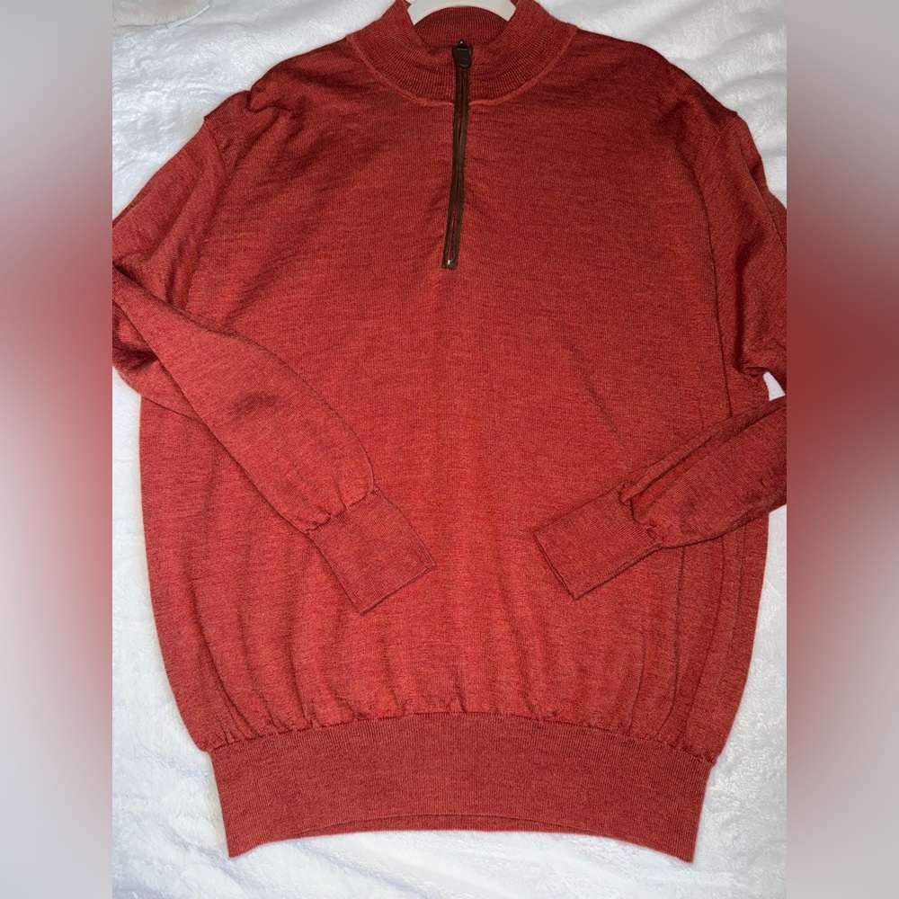 Orvis Men's Quarter Zip 100% Merino Wool Sweater in Rusty Orange Size XL